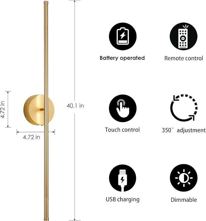 Battery Operated Wall Sconces with Remote Control, Dimmable Wall Sconces Set of Two, 350°Rotate, 3000K LED Gold Wireless Wall Light for Living Room, Bedroom, Hallway, 40.1 Inch (2 Pack) - Bloomnest