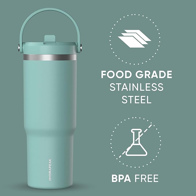 Hydrapeak Nomad 32 oz Tumbler with Handle and Straw Lid, Leakproof, Double Insulated, 32oz Cup Stainless Steel (Pale Sage) - Bloomnest