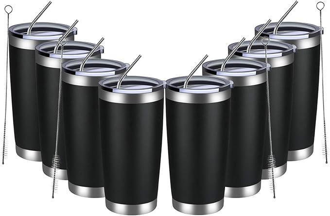 MEWAY 20oz Tumbler 8 Pack Double Wall Vacuum Insulated Travel Mug Bulk, Stainless Steel Tumblers with Lid and Straw, Durable Powder Coated Coffee Cups for Cold & Hot Drinks (Black, 8) - Bloomnest