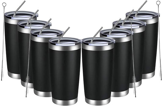 MEWAY 20oz Tumbler 8 Pack Double Wall Vacuum Insulated Travel Mug Bulk, Stainless Steel Tumblers with Lid and Straw, Durable Powder Coated Coffee Cups for Cold & Hot Drinks (Black, 8) - Bloomnest