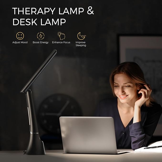 Light Therapy Lamp, 10000 LUX UV-Free LED Sunlight Light, Full Spectrum Mood Light Hayyp Lamp, Touch Control Desk Lamp with Night Light Function Work Office Home -Black - Bloomnest