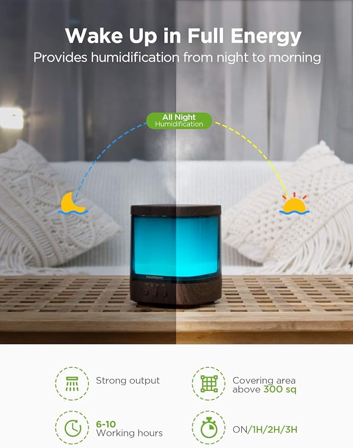 InnoGear Diffusers for Essential Oils, 300ml Oil Diffuser Aromatherapy Diffusers Aroma Ultrasonic Cool Mist Humidifier 4 Timers Color Changing Lights Auto-Off, Brown - Bloomnest