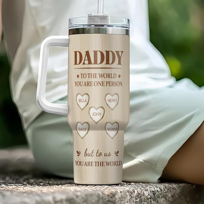 Personalized Dad Tumbler with Handle – Custom Name Mug with Heart Design – You Mean the World to Us Quote – Father's Day, Birthday Gift from Kids - Bloomnest