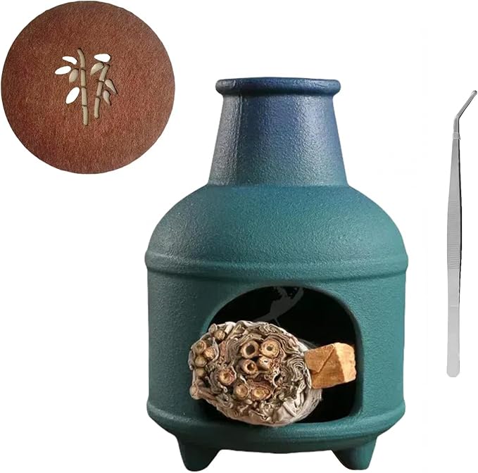 Handmade Blue Ceramic Palo Santo Holder Burner & Sage Holder - Mini Tabletop Chiminea Burner Tray with Ash Catcher, Decorative Incense Holder for Spiritual Meditation & Yoga