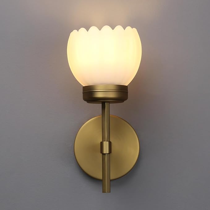 Yosoan Brass Boho Indoor Vintage Wall Sconce Set of 2, Modern Vanity Gold Industrial Hardwired Wall Mounted with Milk Transparent Tulip Flower Shade for Living Room Bedroom Kitchen Hallway(Antique) - Bloomnest