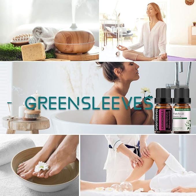 GREENSLEEVES Patchouli Chamomile Essential Oil Set, 2 x 10ml Pure Plant-Based Fragrance Oil for Aromatherapy, Essential Oils for Diffuser, Massage, Bath Bomb, Scented Candle Soap Making GREENSLEEVES
