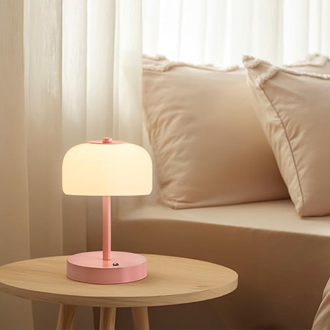Oneach Portable Cordless Table Lamp, Rechargeable Battery Powered Lamp with Opal Glass Shade, 3-Way Dimmable LED Touch Mushroom Table Lamp for Bedroom, Bedside, Living Room, Dining Room, Patio, Pink - Bloomnest