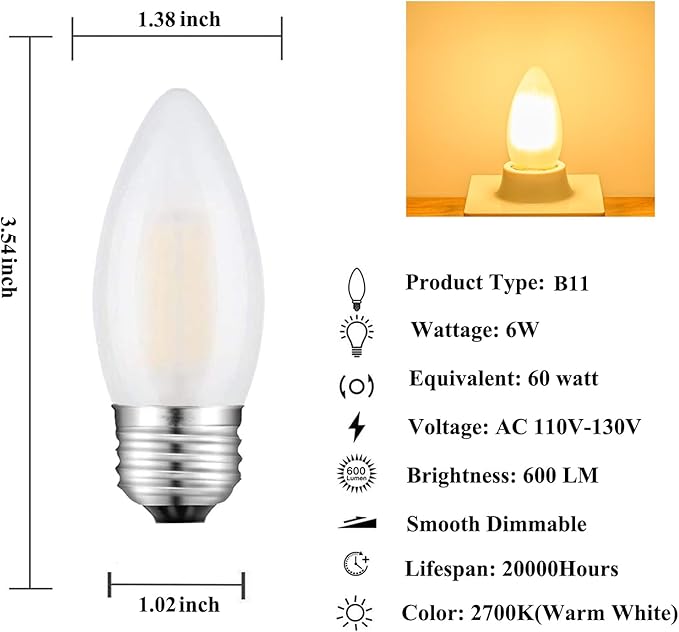 Dimmable 60 Watt Equivalent B11 LED Filament Bulb E26 Candelabra Medium Base 2700K Warm White, Chandelier Decorative Candle Light Bulbs, 6W E26 Frosted Glass LED Edison Bulbs, Pack of 6 - Bloomnest