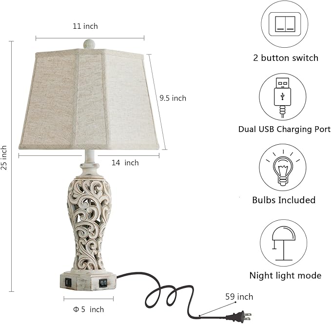 Set of 2 Rustic Table Lamps for Living Room Bedroom, Farmhouse Vintage Nightstand Lamp with 2 USB Ports, Hollow Out Resin Lamp for End Table with Nightlight, Bulbs Included (Wash White) - Bloomnest