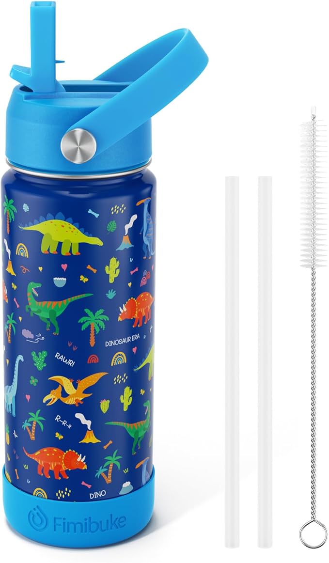 Fimibuke Kids Insulated Water Bottle, 18oz BPA FREE 18/8 Stainless Steel Kid Cup with Straw Travel Tumbler Double Wall Vacuum Leak Proof Toddler Water Bottle for School Boy Girl(1 Pack,Blue Dinosaur) - Bloomnest