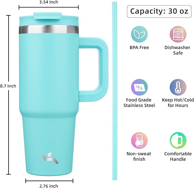 30 oz Tumbler with Handle and 2 Straws,2 in 1 Lid Insulated Water Bottle Stainless Steel Travel Coffee Mug,Turquoise - Bloomnest