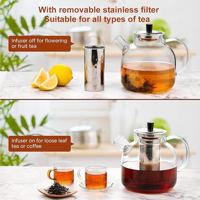 1500ml(50oz) Glass Teapot with Removable Infuser, Ehugos Stovetop Safe Large Tea Pot, Blooming and Loose Leaf Hand Crafted Kettle for Women and Adult with Stainless Infuser - Bloomnest