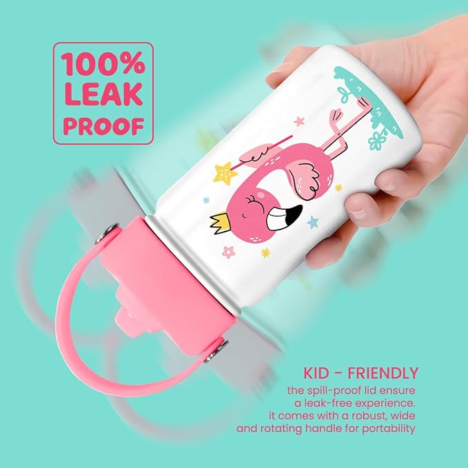 Flamingo Water Bottle - Kids Water Bottle with Straw Lid - 12 Oz Insulated Stainless Steel Water Bottles for Kid Girls - Travel Cup for School Sports - Bloomnest