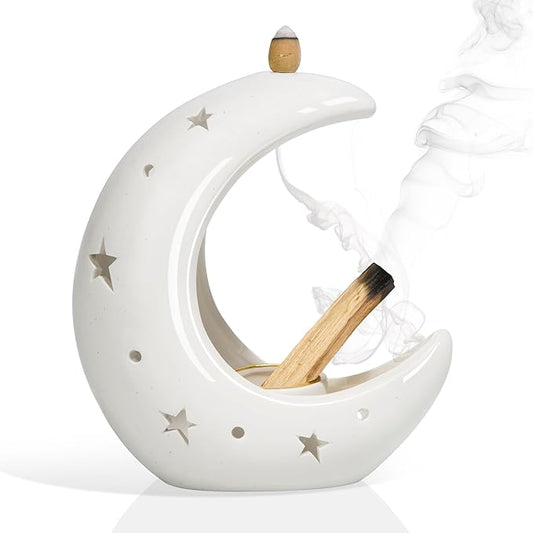 ZenBless Moon Versatile Ceramic Backflow Incense Holder and Burner Waterfall,for Burning Sage, Palo Santo, Backflow Cone and Candle,Aromatherapy Ornament Home Room Decor,the Ideal Present (White)
