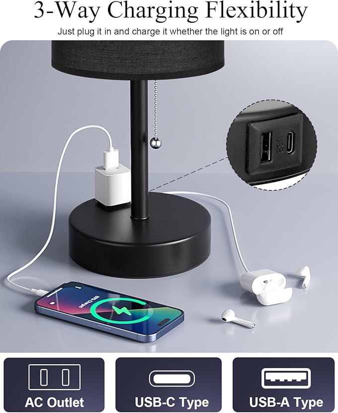 Fenmzee Large Black Bedside Lamps Set of 2-3 Color Temperatures Pull Chain Lamp with AC Outlet Charging Port, Two Round Night Stand Lamps for Bedroom Guest Room Office, Bed Side Light - Bloomnest