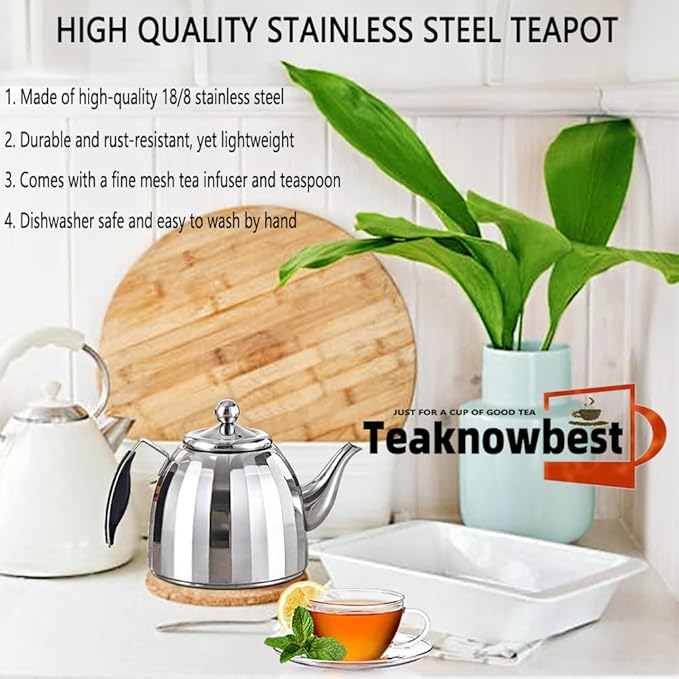Stainless Steel Tea Pot with Removable Infuser - Loose Leaf Tea Maker, Home & Kitchen Teapot - Large 67.6 oz, Stovetop Safe Teapot for Tea/Coffee, Mirror Finish (2000ml) - Bloomnest
