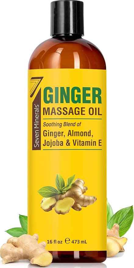Seven Minerals Ginger Massage Oil for Lymphatic Drainage Massage Therapy - Big 16 oz - Warming and Ultra Relaxing - Therapeutic Grade Essential Oils Soothes Tired Muscles & Relaxes Mind and Body
