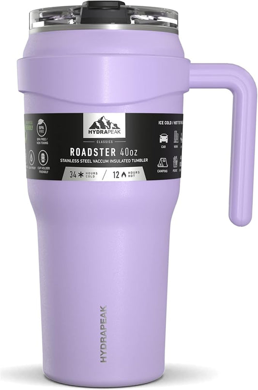 Hydrapeak Roadster 40oz Stainless Steel Tumbler Double Wall Vacuum Insulated Water Bottle With Handle And 2 in 1 Straw Lid (Lavender) - Bloomnest