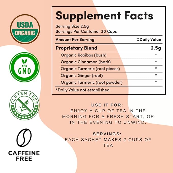 Organic Turmeric Ginger Tea - AIP diet, Whole 30, Paleo friendly, Golden Tonic Herbal Blend - Ayurvedic rooibos herbs, 100% Organic Gluten-Free - Bloomnest