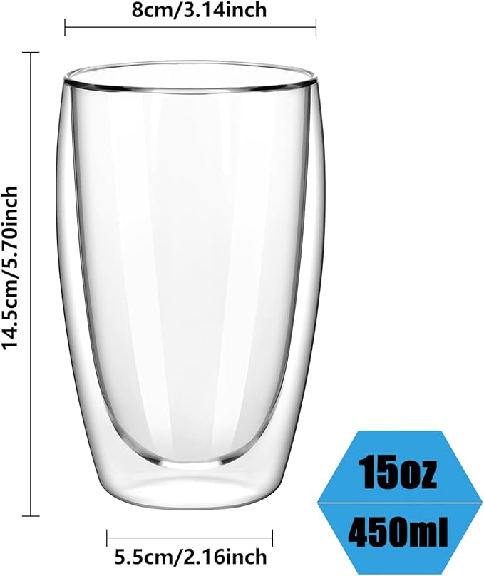 15oz Double Wall Glass Coffee Mugs, Insulated Latte Cups Set of 2, for Coffee, Espresso, Tea, Milk, Clear Cappuccino Cups Set Glassware Gift for Christmas Birthday - Bloomnest