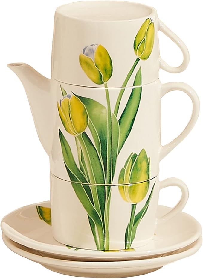 Ceramic Tea Set for Two, 13.6oz Teapot with Infuser, Stacked Kettle Two Cup and Saucer with Handpainted Flower Pattern, Office Home Gift for Women and Adults, Style 2 - Bloomnest