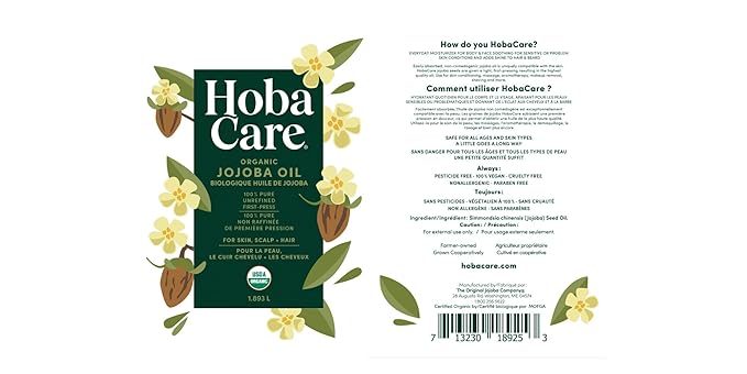 HobaCare Bulk Organic Jojoba Oil - Natural 100% Pure Hexane Free Unrefined Carrier Oil for Skincare, Beard, Hair, Face, Scalp Massage, Bath, Facial - Long Shelf Life (64 oz Half Gallon) - Bloomnest