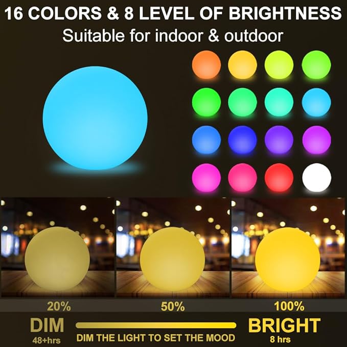 12-inch LED Glowing Ball Light w/Remote, LED Globe Orb Night Light Mood Lamp for Kid Adult, Rechargeable Dimmable RGB Color Changing Glowing Orb, Waterproof Light Up Ball for Garden Patio Party Decor - Bloomnest