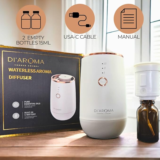 Waterless Essential Oil Diffuser – Portable Nebulizing Aroma Oil Diffuser for Car, Home & Office, USB Rechargeable, Silent Operation, No Water Needed, Di'Aroma (White) - Bloomnest