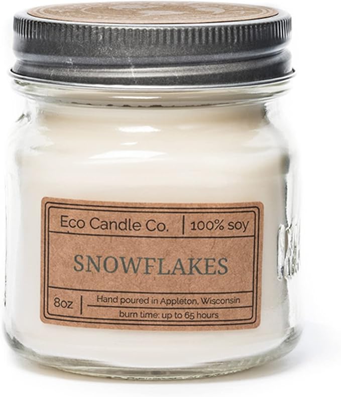 ECO CANDLE CO. Mason Jar Candle, Snowflakes, 8 oz. - Scents of Winter, Flowers, & Mint - 100% Soy Wax, No Lead, Kraft Label & Antiqued Pewter Lid, Hand Poured, Made from Midwest Grown Soybeans - Bloomnest