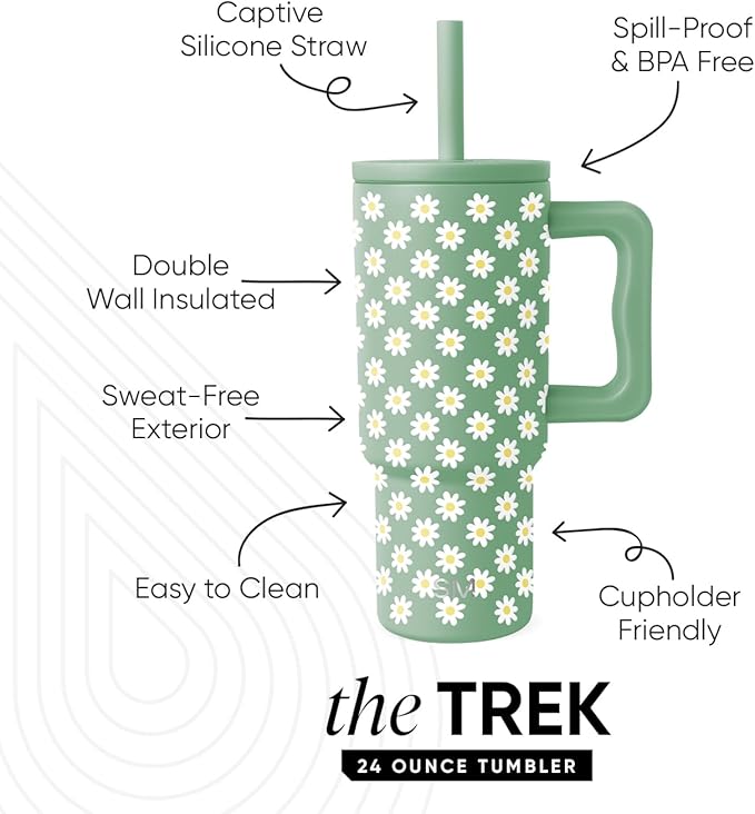 Simple Modern Kids 24 oz Tumbler with Handle and Silicone Straw Lid | Spill Proof and Leak Resistant | Reusable Stainless Steel Bottle | Gift for Kids Boys Girls | Trek Collection | Sage Florals - Bloomnest