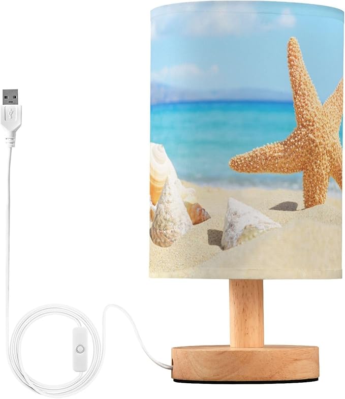 Table Lamp Ocean Beach Starfish Seashell Stone Blue Sky Nightstand Lamp with Wood Base Fabric Lamp Shade Bedside Desk Lamp for Living Room Bedroom Kids Room Office - Bloomnest