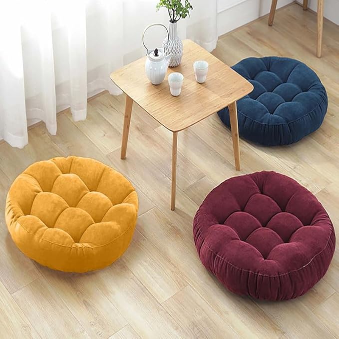 Meditation Floor Pillow Set of 2 Large Round Floor Cushions for Adults Tufted Corduroy Floor Seat Pillows Cushion for Living Room,Wine Red 16.5" Lx16.5 Wx3 H