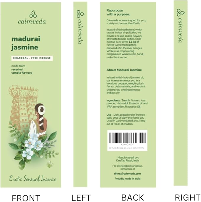 Madurai Jasmine Incense Sticks Exotic - Sensual Aroma (80 Sticks) Charcoal Free Incense, Made from Upcycled Flowers | Rich Decadent from Green, Fruity Yet Creamy Floral | Kama or Love Incense Sticks