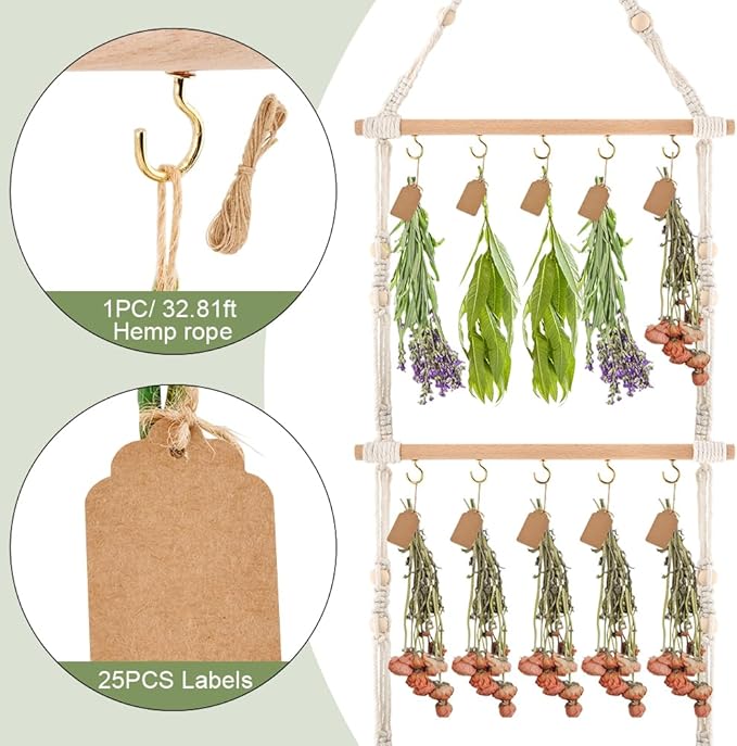 3-Tier Hanging Herb Drying Rack, Includes 25 Gift Tags & 32ft Natural Jute Twine, Handwoven Hanging Herb Dryer Rack Plant Hanger for Drying Herbs, Flowers, Sage(COLOR:Beige) - Bloomnest
