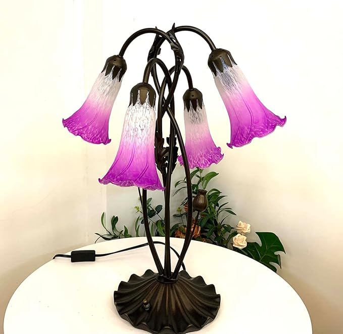 Bieye L10851 Lily Flower Blown Glass Accent Table Lamp for Living Room Bedroom Decoration (4-Light, Purple) - Bloomnest