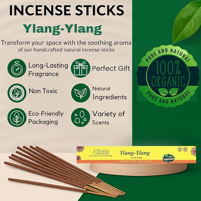 Bless-YLANG-YLANG 100%-Natural-Handmade-Hand-Dipped-Incense-Sticks Organic-Chemicals-Charcoal-Free Purification-Relaxation-Positivity-Yoga-Meditation Best-Woods-Scent (25 Sticks (1.4 OZ)) BlessInternational