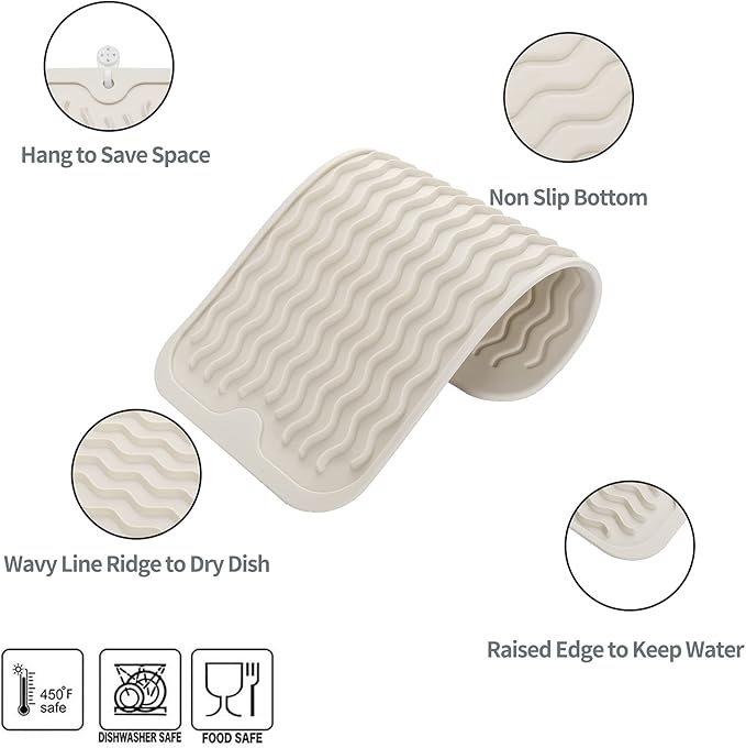 Silicone Dish Drying Mat for Multiple Usage,Easy clean,Eco-friendly,Heat-resistant Silicone Mat for Kitchen Counter or Sink,Refrigerator or Drawer Liner Tapioca S 12 inches x 6 inches - Bloomnest