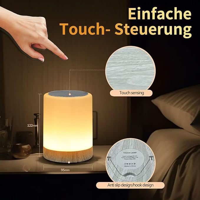 OORUN Touch Bedside Table Lamp,13 RGB Colors & 5 Brightness, USB Rechargeable Desk Lamp, Remote Control Dimmable Light with RGB Color Changing,Portable Lamp for Baby (Wood Grain Beige) - Bloomnest