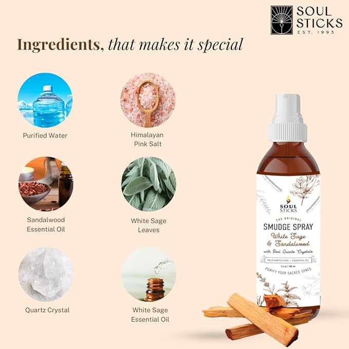 SOUL STICKS White Sage & Sandalwood Smudge Spray For Cleansing and Negative Energy | 3.5oz White Sage Smudge Spray with Real Quartz Crystals | Car Fragrance Sage Room Spray for Spiritual Cleansing SoulSticks