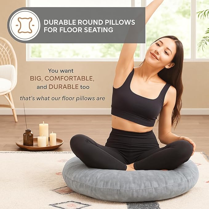 Codi Meditation Cushions Set of 2 – Large Round Floor Pillows for Adults with Removable Washable Cover, Soft and Supportive Floor Cushion for Yoga, Seating and Dog Bed, 32 inch - Grey - Bloomnest