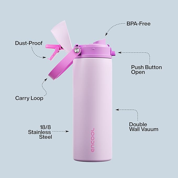 Insulated Water Bottle with Straw - Encool Stainless Steel Water Bottle with Push Button Lid, Leak-Proof & BPA-Free, Keeps Cold for 24 Hours for Sports, Travel, Gym (24 oz, Thistle-Fuchsia) ENCOOL