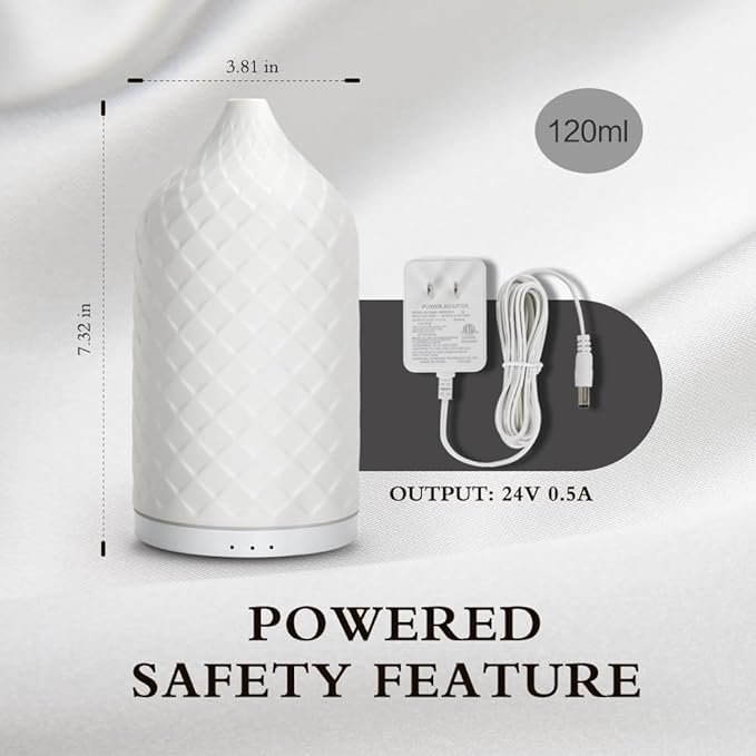 Essential Oil Diffuser for Home, Ceramic Aromatherapy Diffuser for Essential Oils, 120ml Oil Diffuser with Waterless Auto-Off and 7 LED Lights for Large Room Yoga Spa (White) - Bloomnest