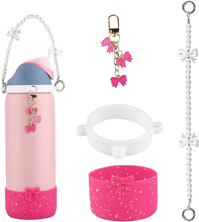 Water Bottle Accessories Set for Owala FreeSip 24oz、32 oz– Includes Pearl Handle Strap, Bow Charms,2.9in .3inch Silicone Bling Boot for Owala Accessories for Women Bloomnest