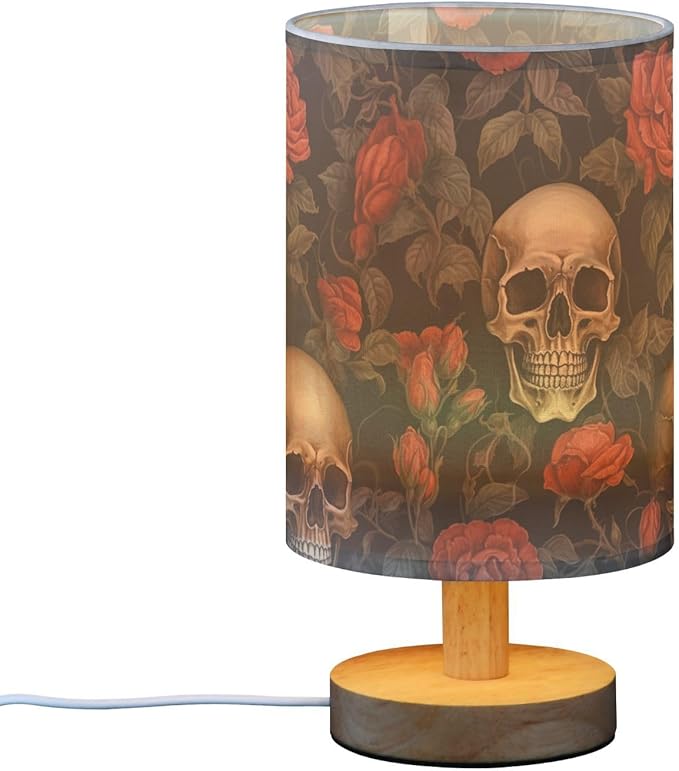 Bedside Lamp Skull Gothic Red Rose Flower Table Lamp with USB Port Wood Base for Living - Bloomnest