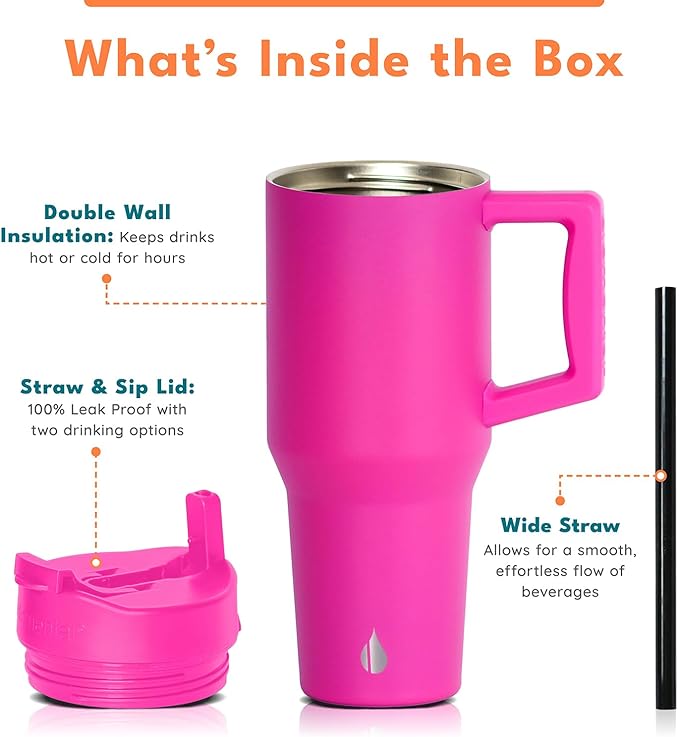 Elemental 32 oz 100% Leak Proof Tumbler with Handle & Straw - Stainless Steel Double Wall Insulated Tumbler for Hot and Cold Beverages - Travel Coffee Mug with Sip & Straw Lid - Hot Pink - Bloomnest