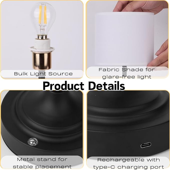 Rechargeable Table Lamp, Cordless Touch Lamps, Portable Desk Light with Stepless Dimmable Brightness & Fabric Shade for Nightstand Bedside Living Room (Black, Straight) - Bloomnest