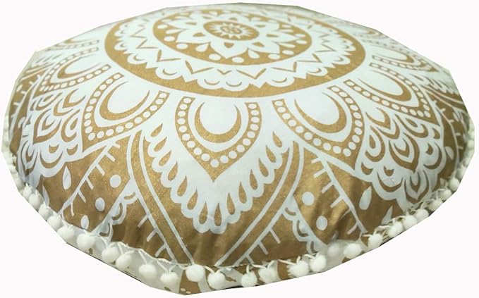 24" White Gold Flower Mandala Barmeri Large Floor Pillow Cover Cushion Meditation Seating Ottoman Throw Cover Hippie Decorative Zipped Bohemian Pouf Ottoman Pom Pom Cases ( 24 " round) - Bloomnest