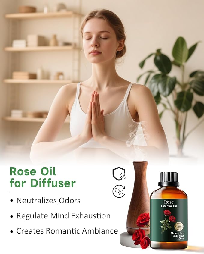Pure Rose Essential Oil, Mumianhua Natural Rose Oil for Skin, Hair, Reed Diffuser, Air Purifier, Room Spray,Candle Making, Laundry, Relaxation, Evening Wellness, Romantic Atmosphere 3.38 Fl Oz - Bloomnest