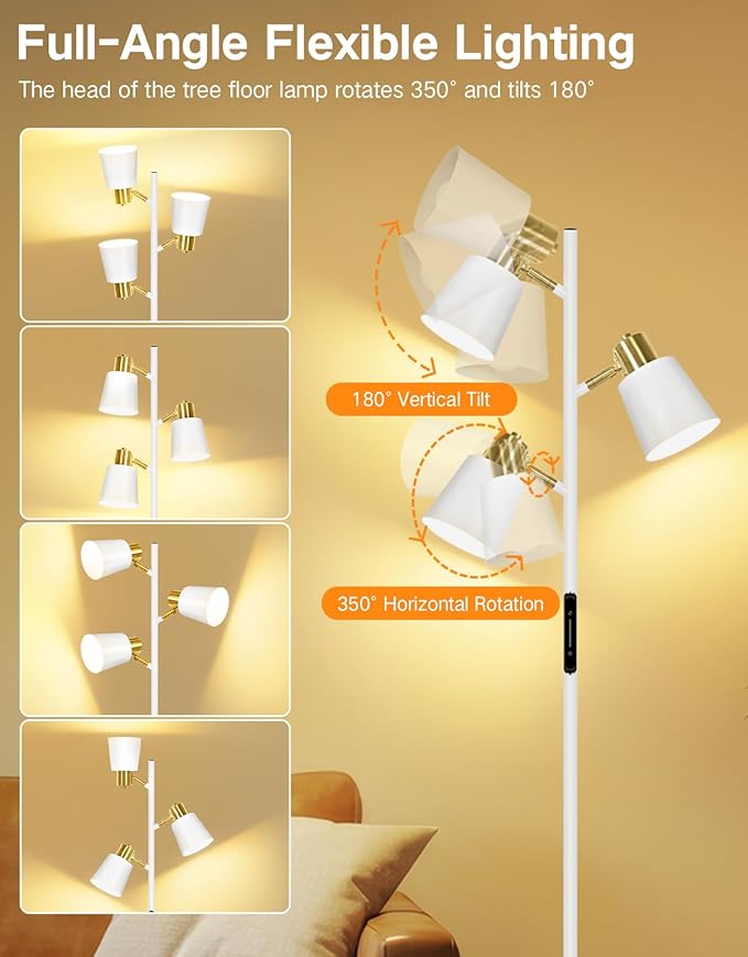 OUTON LED Tree Floor Lamp, Modern Dimmable Standing Lamp with Remote & Touch Control, 4 Color Temperatures, 3 Rotatable Lights Floor Lamps for Living Room, Bedroom, Office, White & Gold - Bloomnest