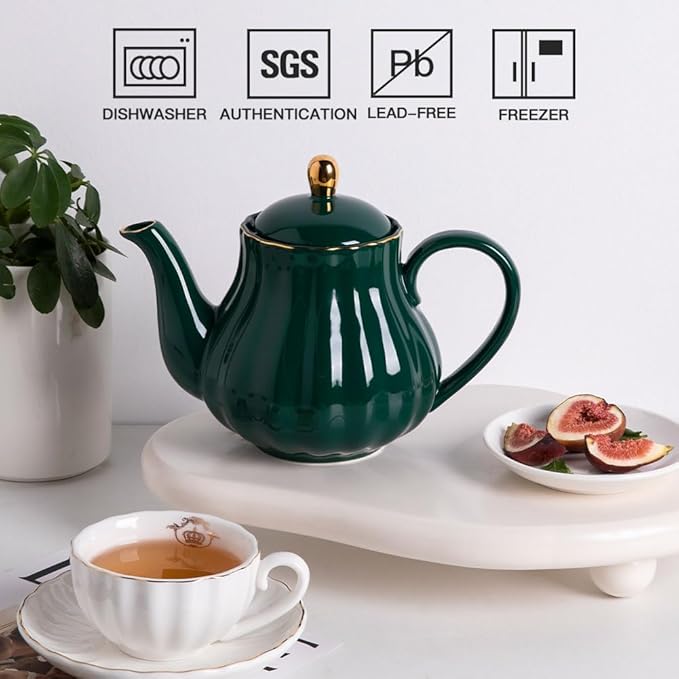 Sweejar Royal Teapot, Ceramic Tea Pot with Removable Stainless Steel Infuser, Blooming & Loose Leaf Teapot - 40 Ounce (Jade) - Bloomnest